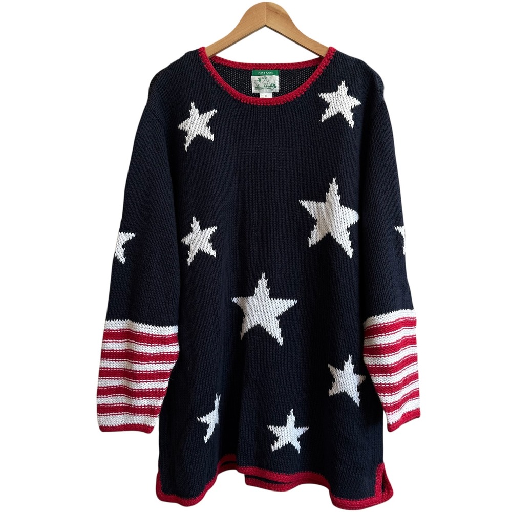 The Quaker Factory Women 2X Navy White Red Star Stripe Long Sleeve‎ Knit Sweater